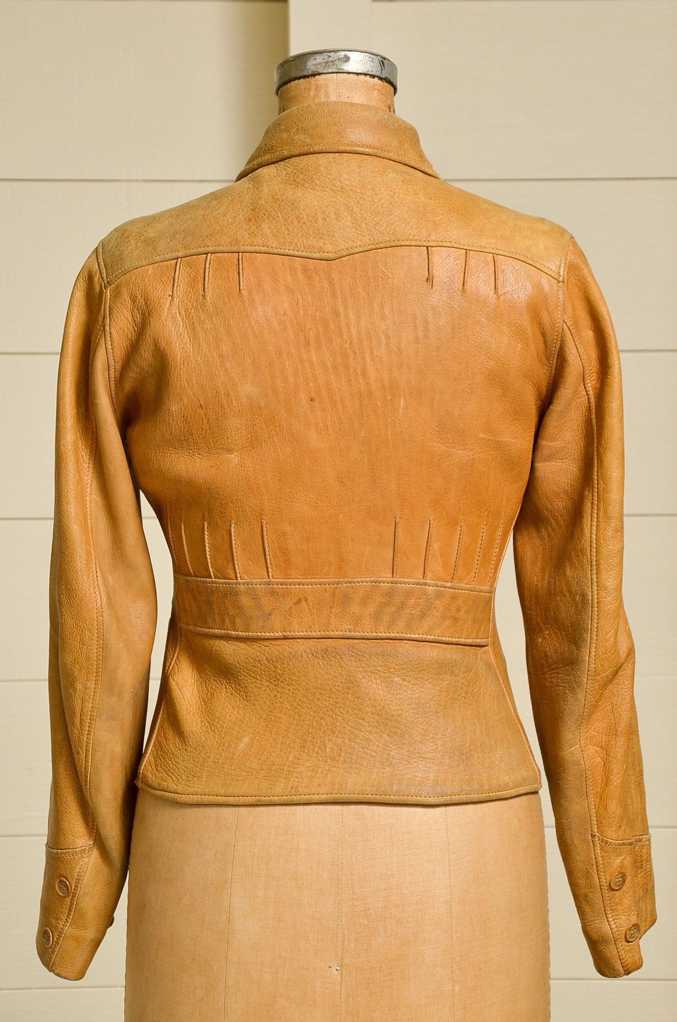 1930s Thurlows Leather Jacket Grommet Zipper Pleated Back Sport