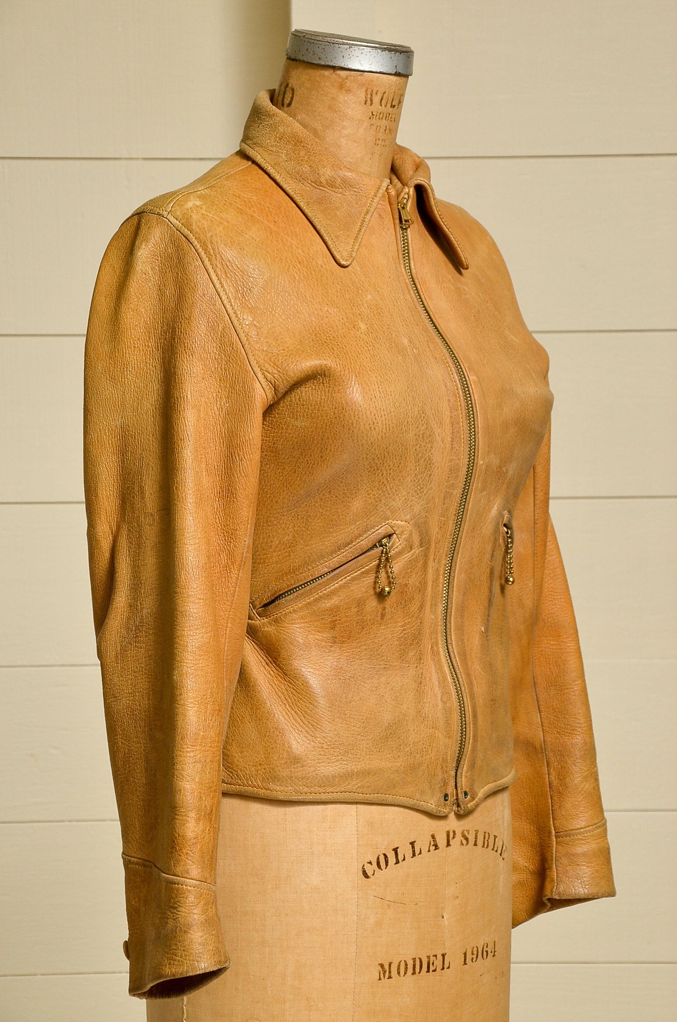 1930s Thurlows Leather Jacket Grommet Zipper Pleated Back Sport
