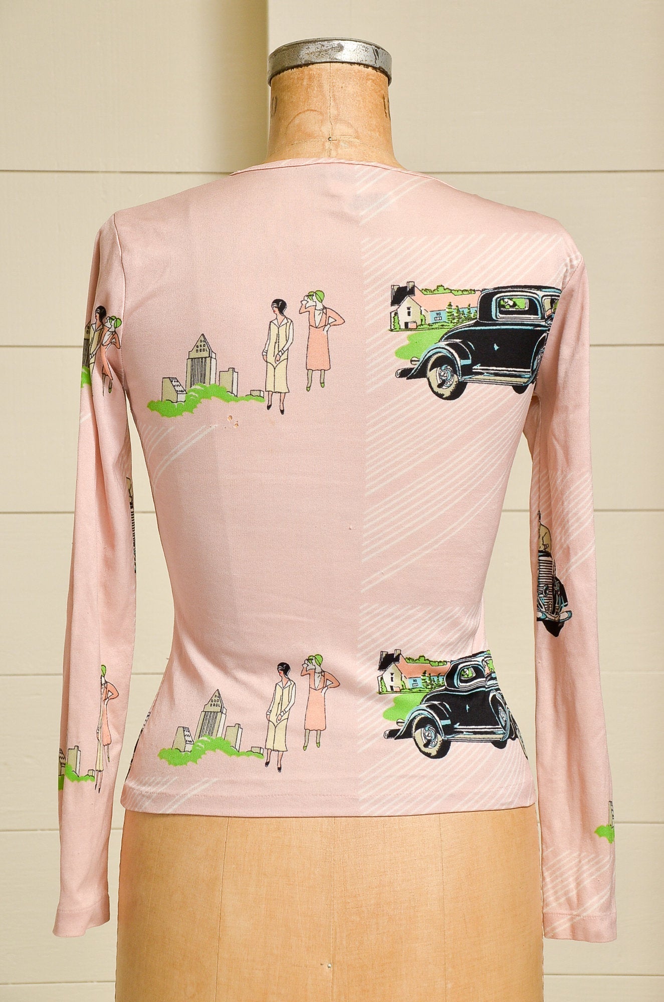 1970s Novelty Print Flappers w/ Rolls Royce All Over Print Long Sleeve Top