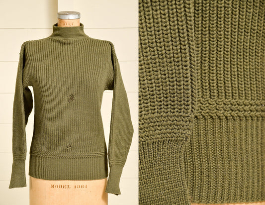 1940s Deck Wool Sweater Army Green Knit Mock Turtleneck WWll High Neck Sweater