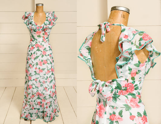 70s Open Back Garden Dress Rose Print Full Length Prairie Maxi Dress