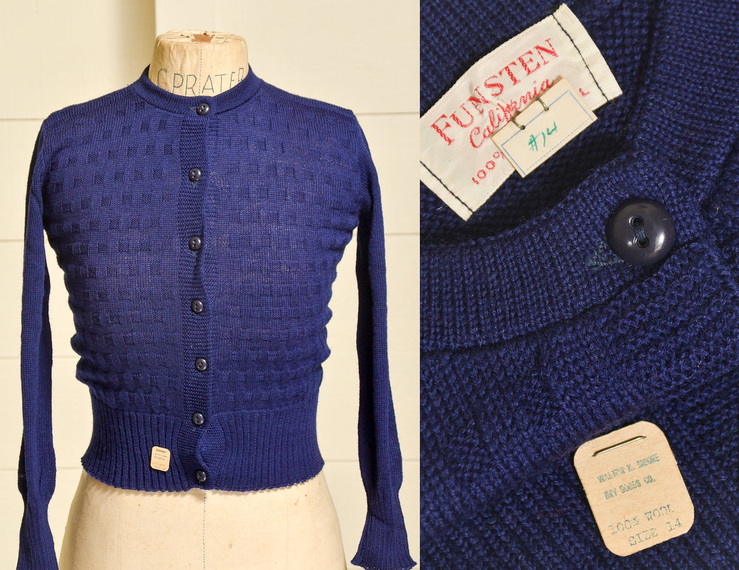 1950s Deadstock Cardigan Sweater Navy Blue Basketweave Wool Knit Button Down Sweater 4