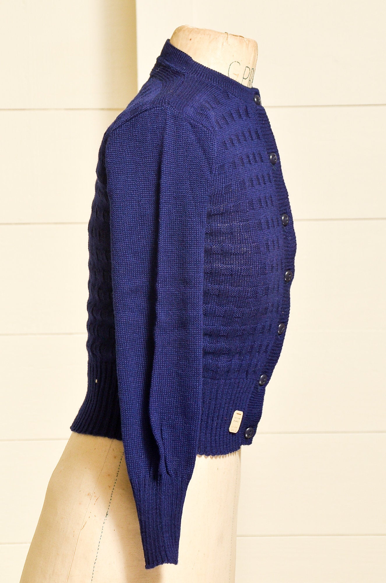 1950s Deadstock Cardigan Sweater Navy Blue Basketweave Wool Knit Button Down Sweater 4