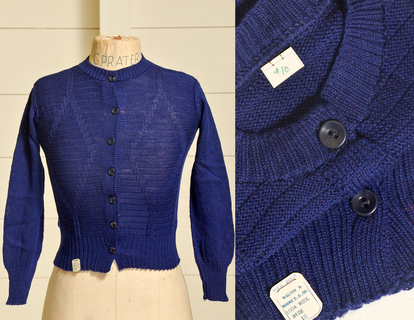 1950s Deadstock Cardigan Sweater Navy Blue Wool Knit Button Down Sweater