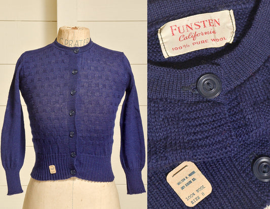 1950s Deadstock Cardigan Sweater Navy Blue Basketweave Wool Knit Button Down Sweater 1