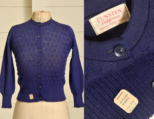 1950s Deadstock Cardigan Sweater Navy Blue Basketweave Wool Knit Button Down Sweater 5