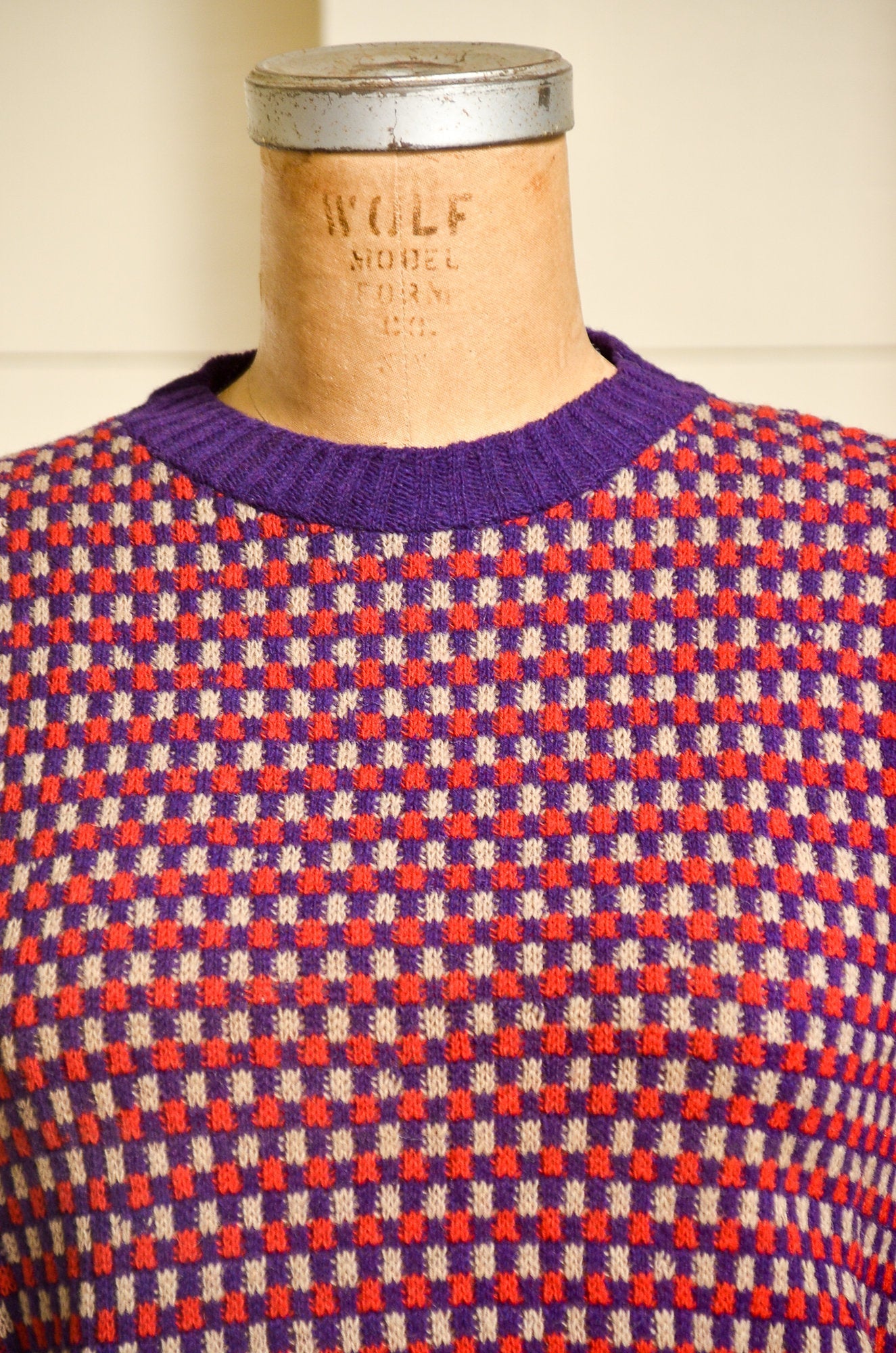 1930s Deadstock Sweater Checkered Red and Purple Wool Knit Geometric Ski Sweater