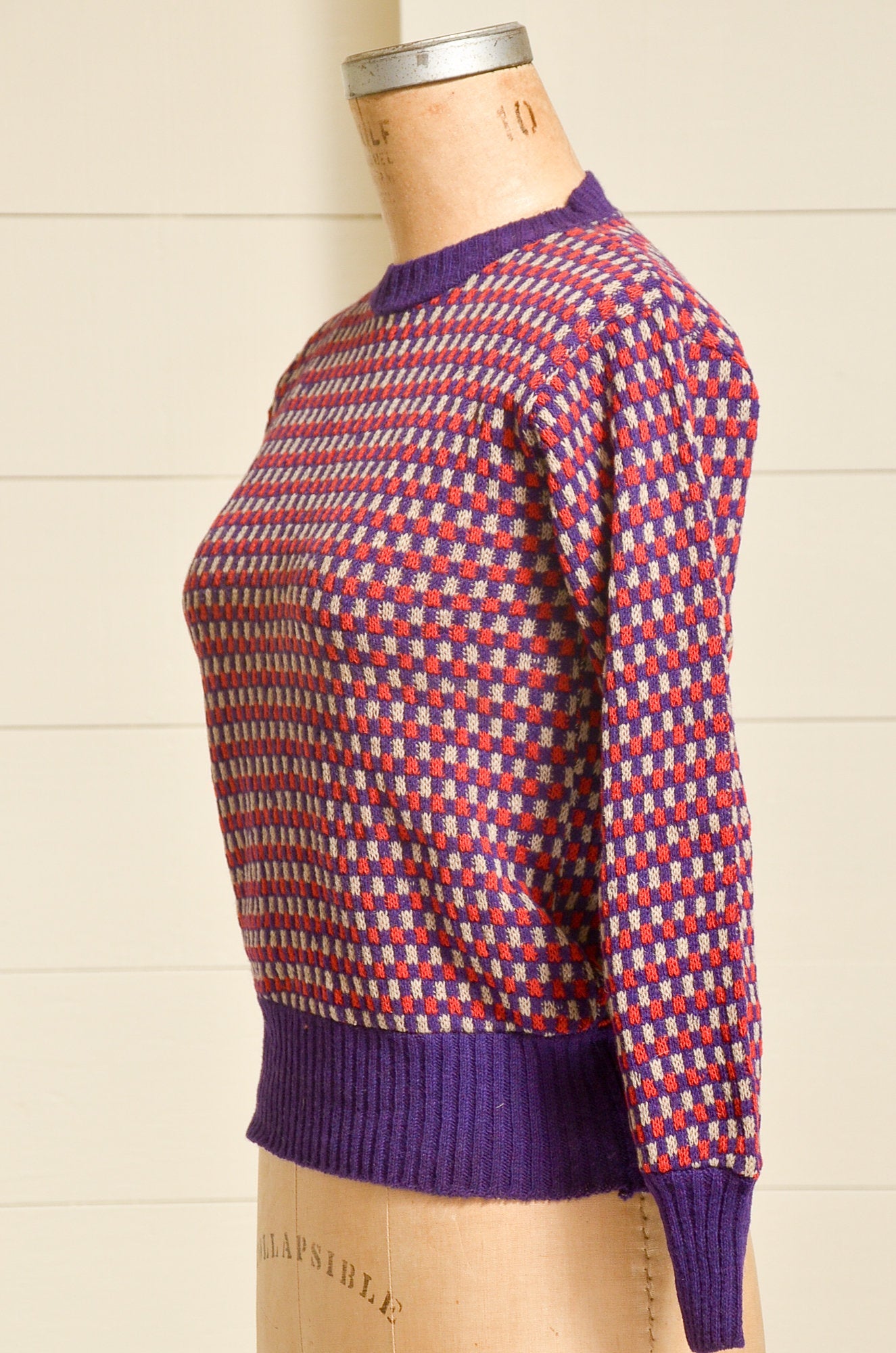 1930s Deadstock Sweater Checkered Red and Purple Wool Knit Geometric Ski Sweater