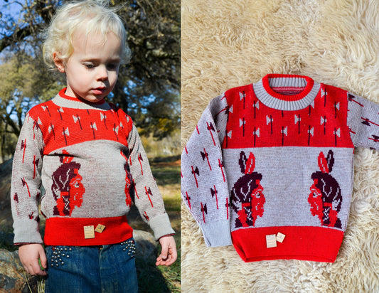 1950s Deadstock Indian Chief Souvenir Kids Red Wool Ski Sweater size 4