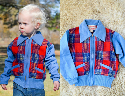 1950s Deadstock Wool Ricky Jacket Red & Blue Plaid Brunswick Bomber Jacket size 8