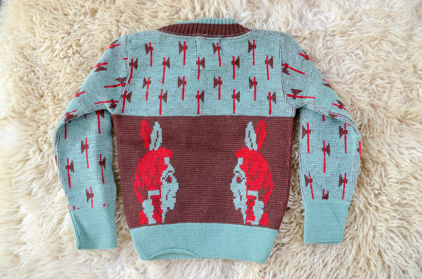 1950s Deadstock Indian Chief Souvenir Kids Mint Green Wool Ski Sweater size 4