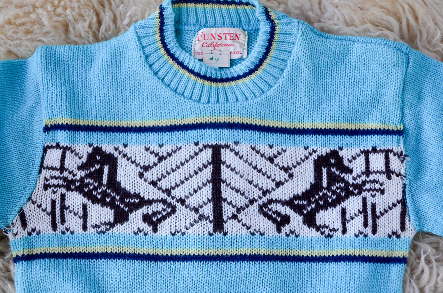 1950s Deadstock Kids Sweater Blue Cherub Horse Knit Wool Ski Sweater size 4