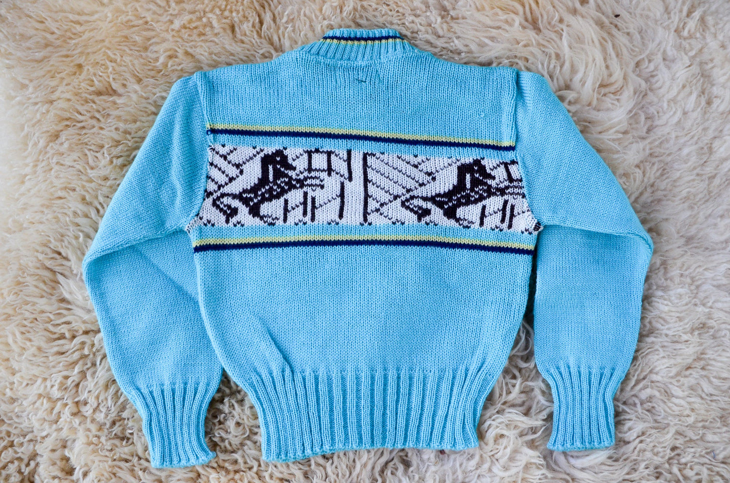 1950s Deadstock Kids Sweater Blue Cherub Horse Knit Wool Ski Sweater size 4