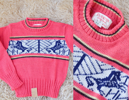 1950s Deadstock Kids Sweater Pink Cherub Horse Knit Wool Ski Sweater size 4