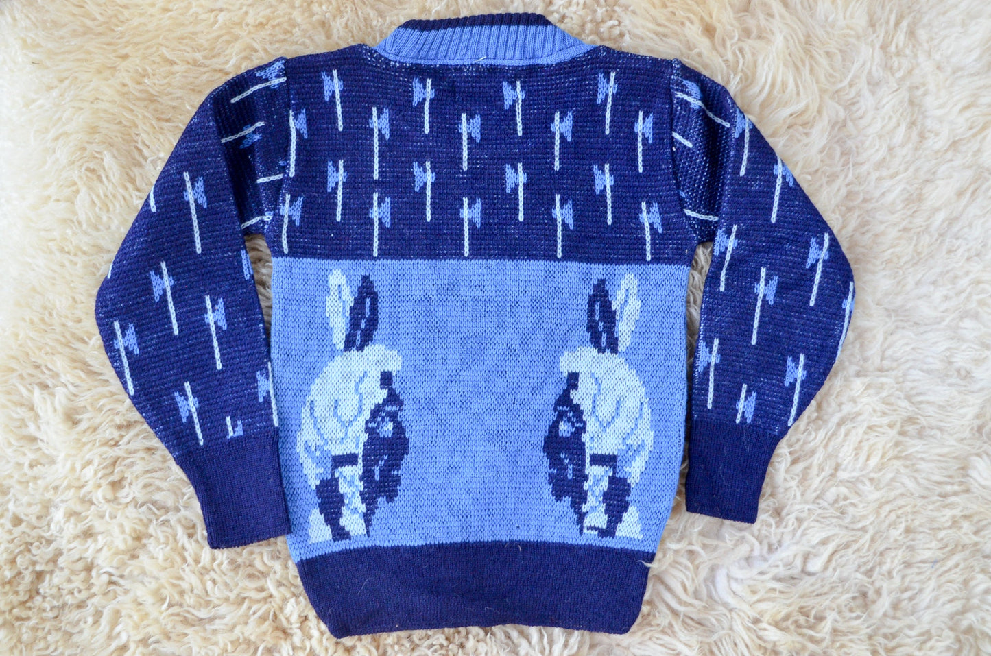 1950s Deadstock Indian Chief Souvenir Kids Blue Wool Ski Sweater size 4