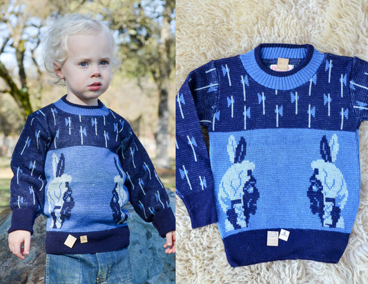 1950s Deadstock Indian Chief Souvenir Kids Blue Wool Ski Sweater size 4