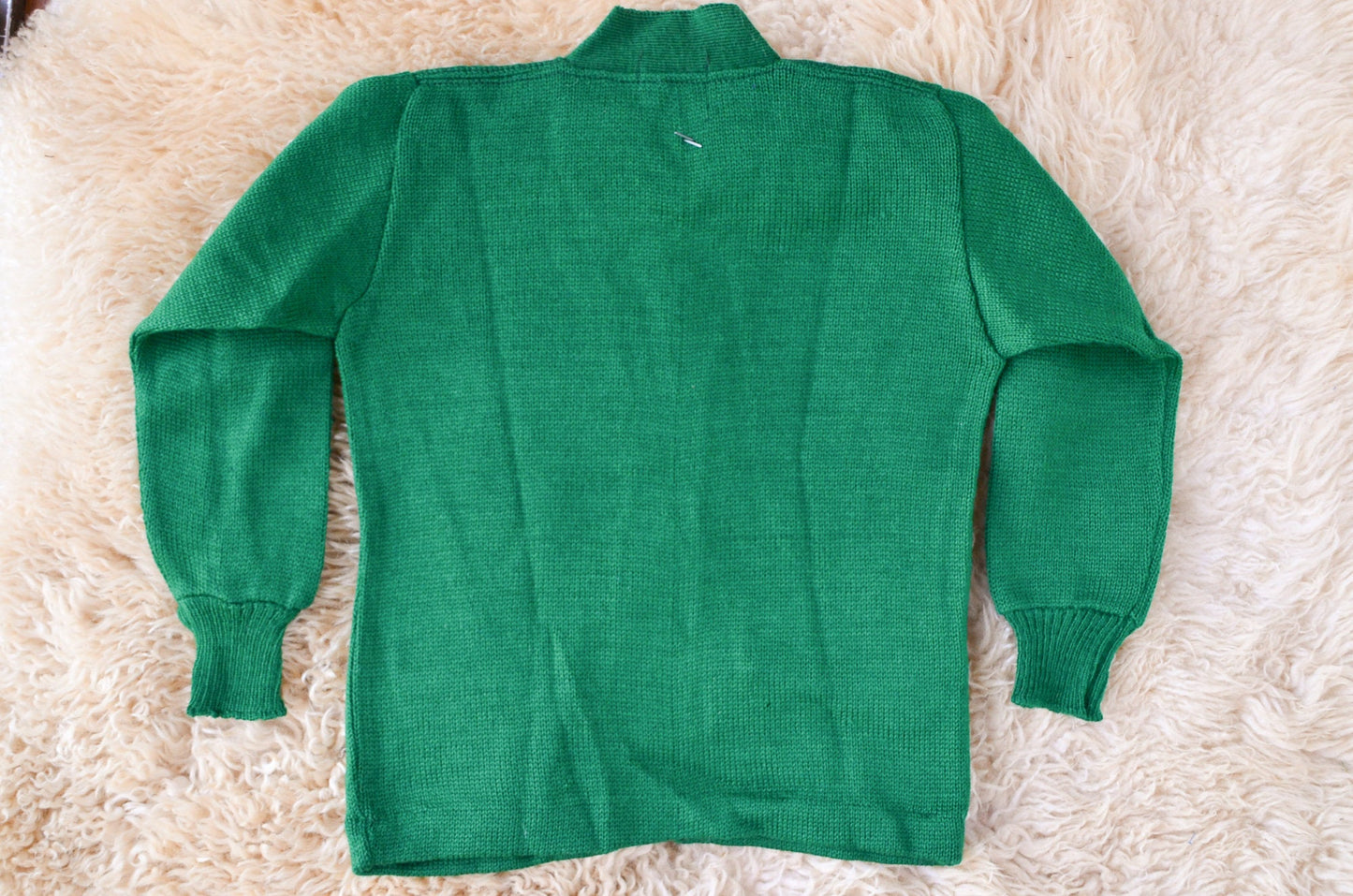 1950s Deadstock Cardigan Sweater Green Wool Knit Kids Sweater size 8