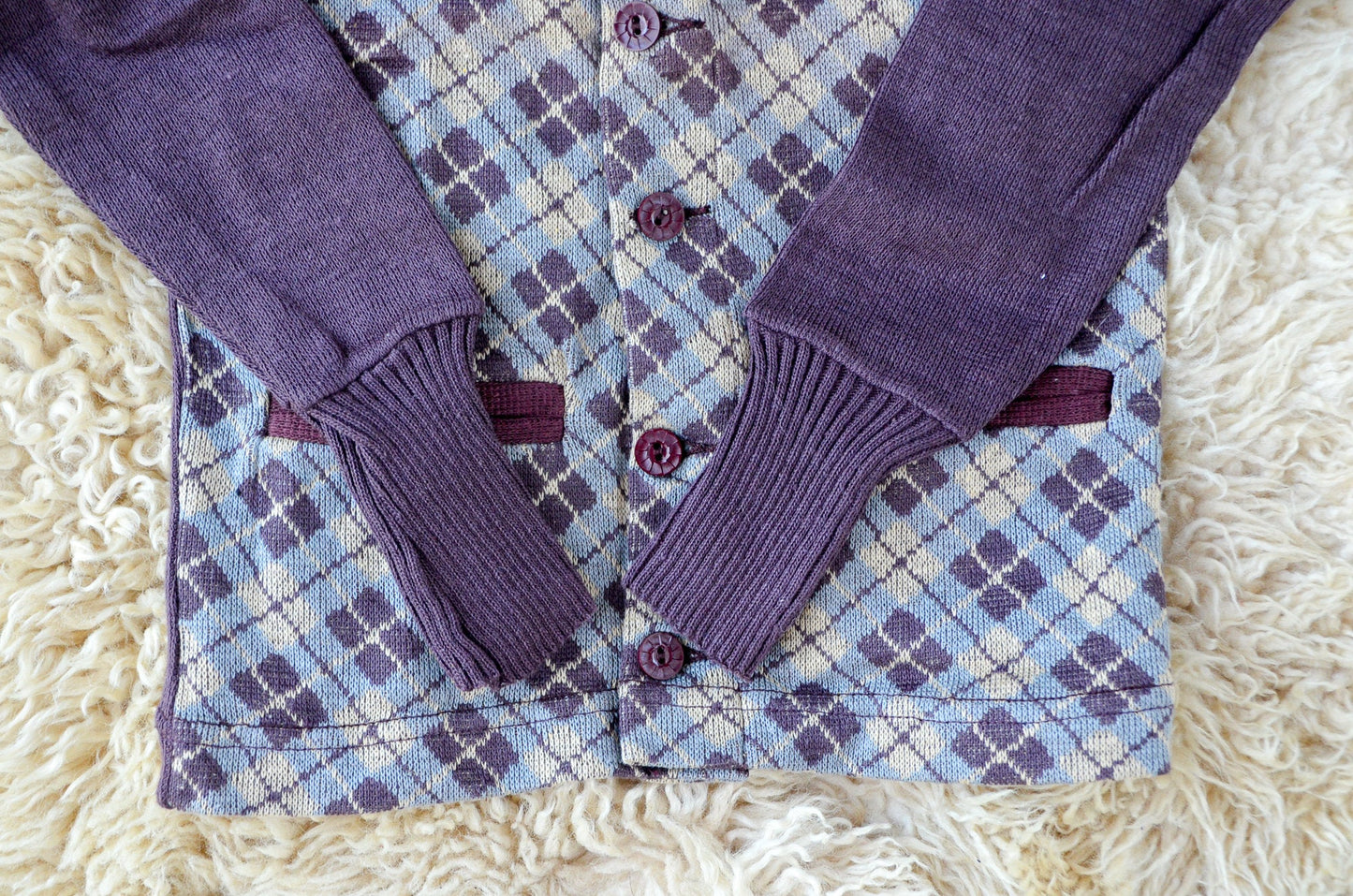 1950s Deadstock Cardigan Sweater Plum Cotton Knit Plaid Sweater size 30