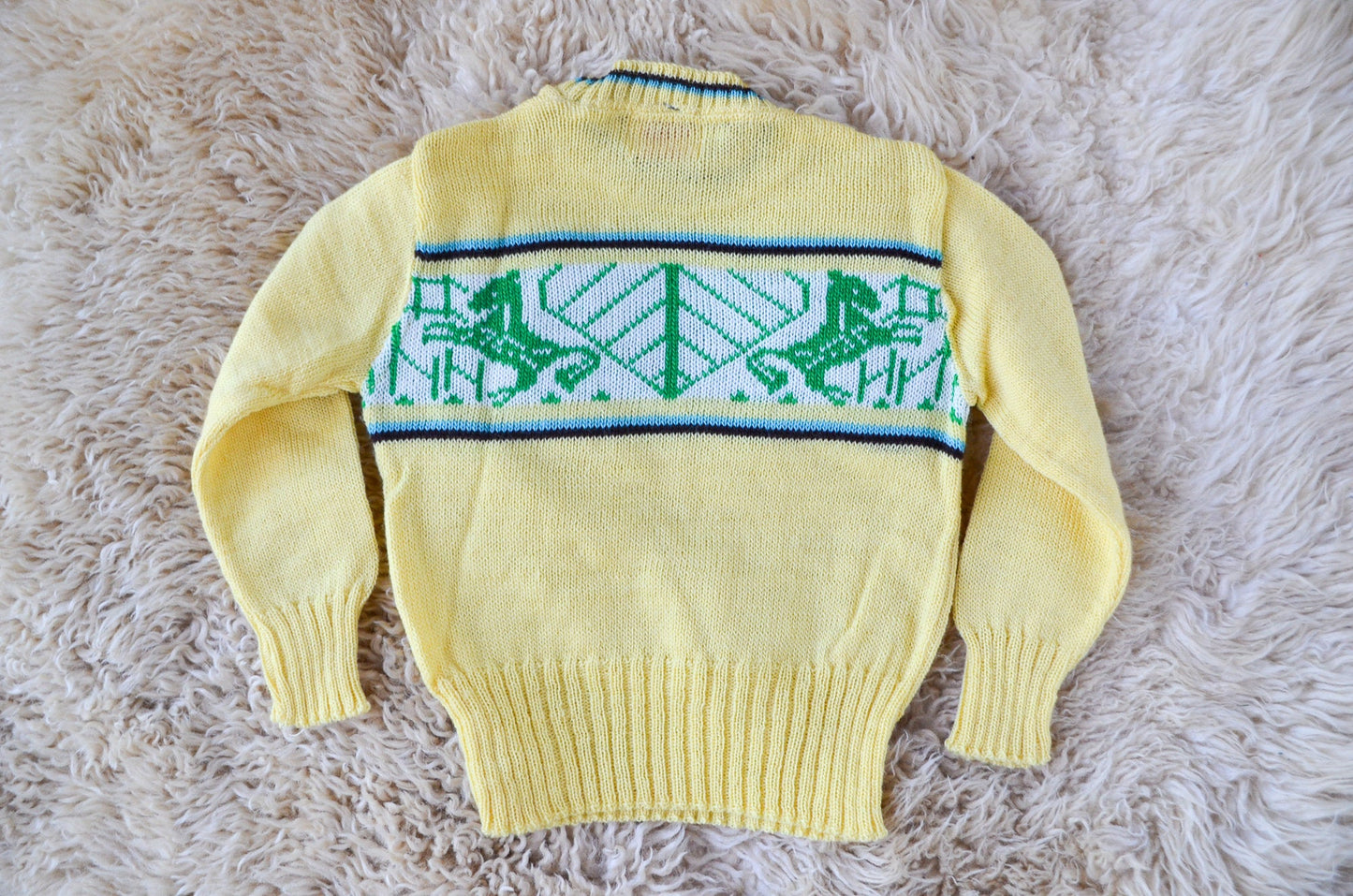 1950s Deadstock Kids Sweater Yellow Cherub Horse Knit Wool Ski Sweater size 6