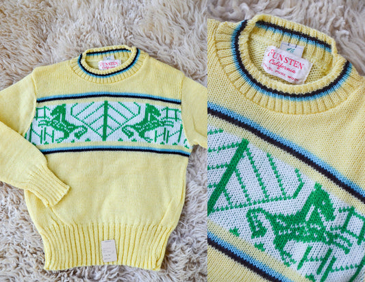 1950s Deadstock Kids Sweater Yellow Cherub Horse Knit Wool Ski Sweater size 6