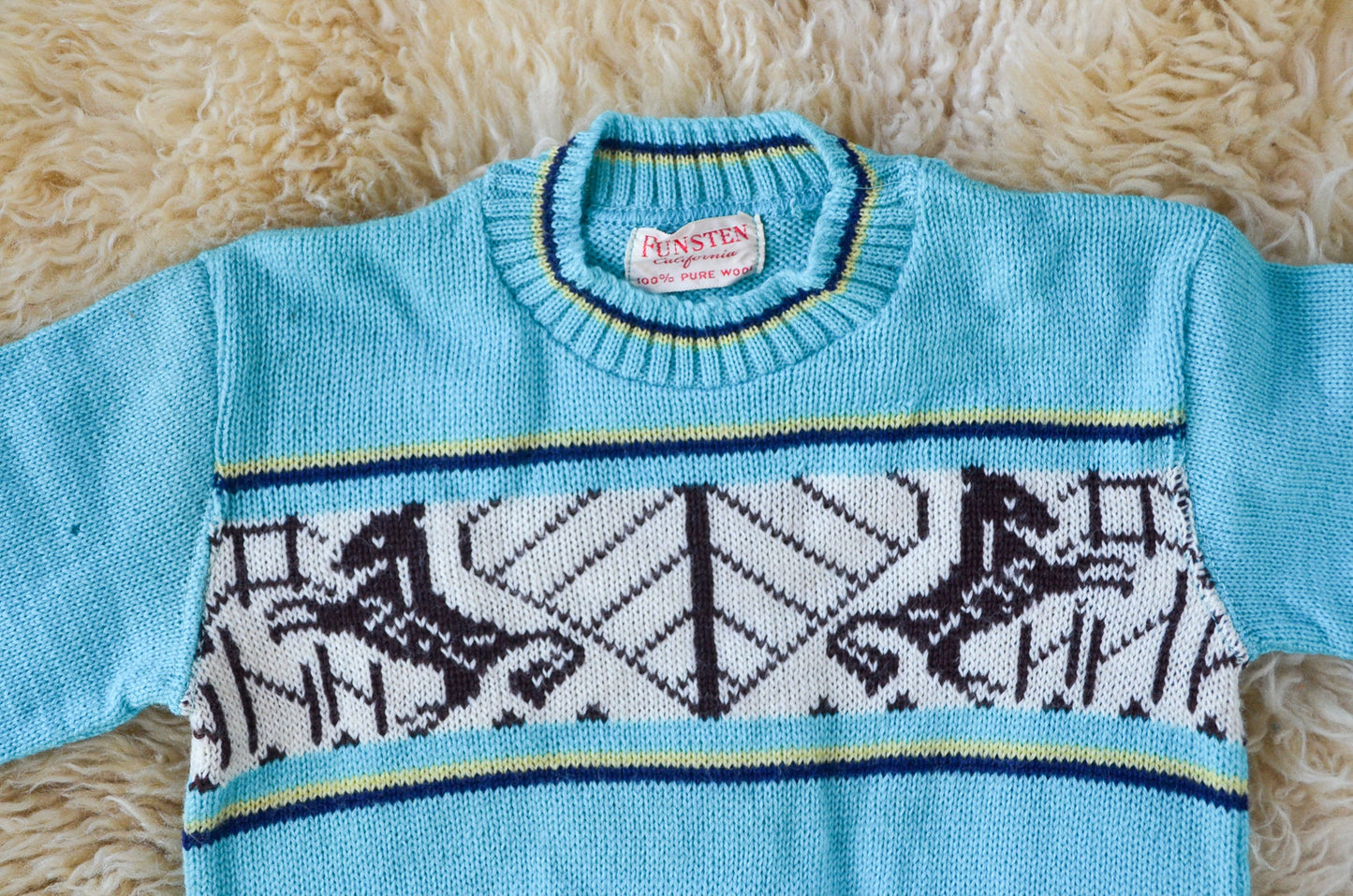 1950s Deadstock Kids Sweater Blue Cherub Horse Knit Wool Ski Sweater