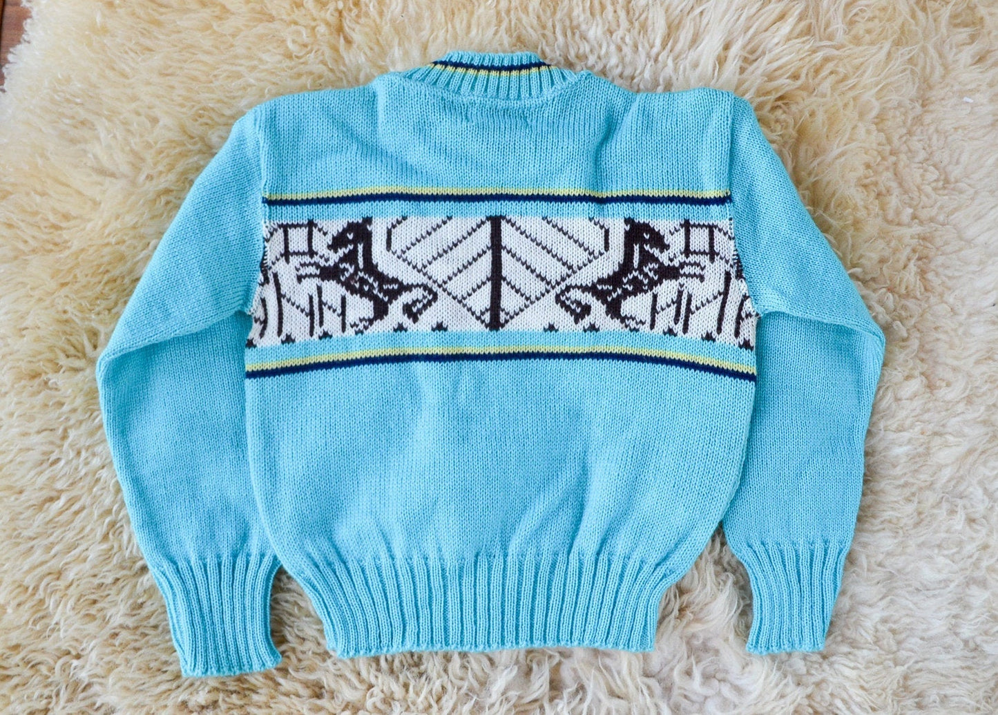 1950s Deadstock Kids Sweater Blue Cherub Horse Knit Wool Ski Sweater