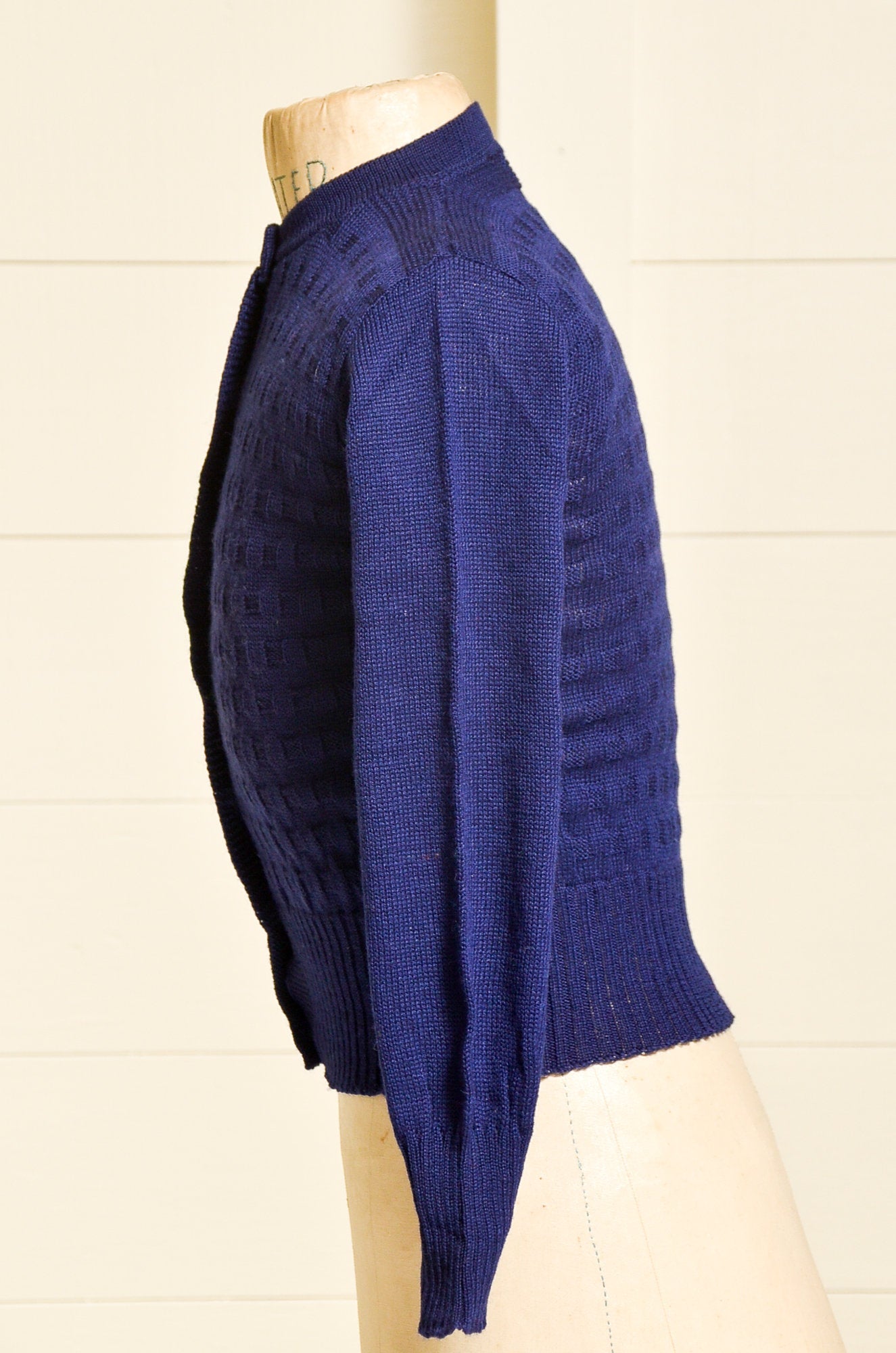 1950s Deadstock Cardigan Sweater Navy Blue Basketweave Wool Knit Button Down Sweater 4