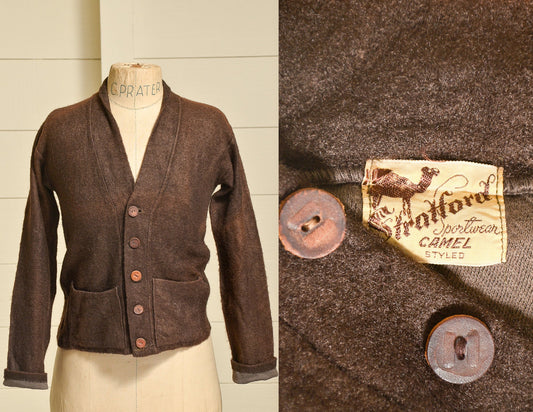 1940s Homestead Button Down Sweater Camel Brown Wool w/ Leather Buttons Minimalist Cardigan Sweater