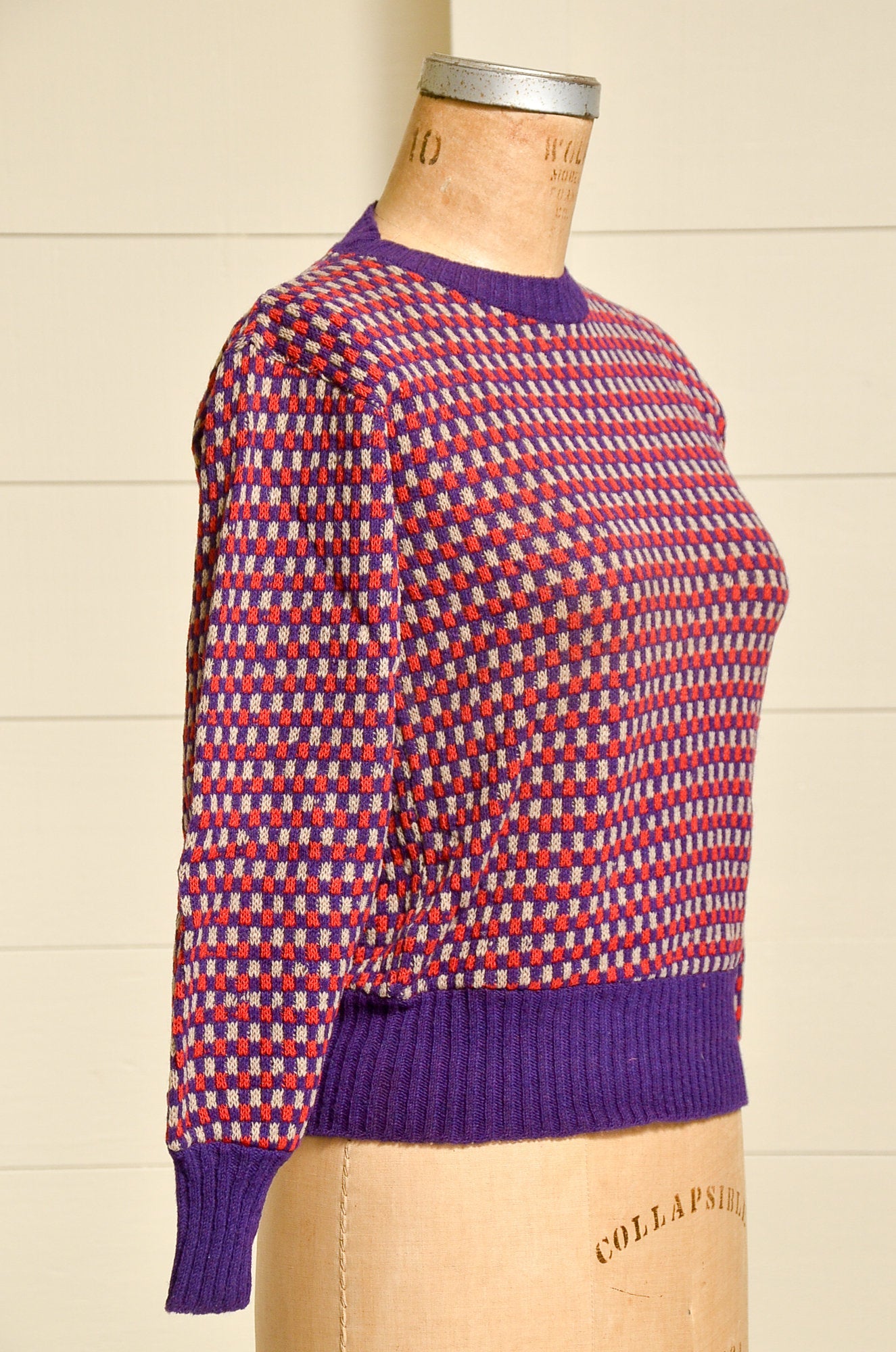 1930s Deadstock Sweater Checkered Red and Purple Wool Knit Geometric Ski Sweater