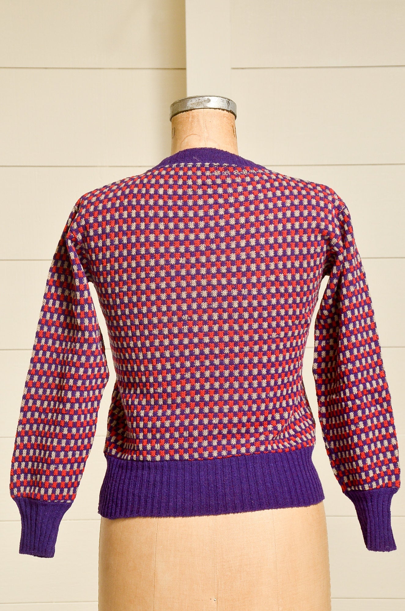 1930s Deadstock Sweater Checkered Red and Purple Wool Knit Geometric Ski Sweater