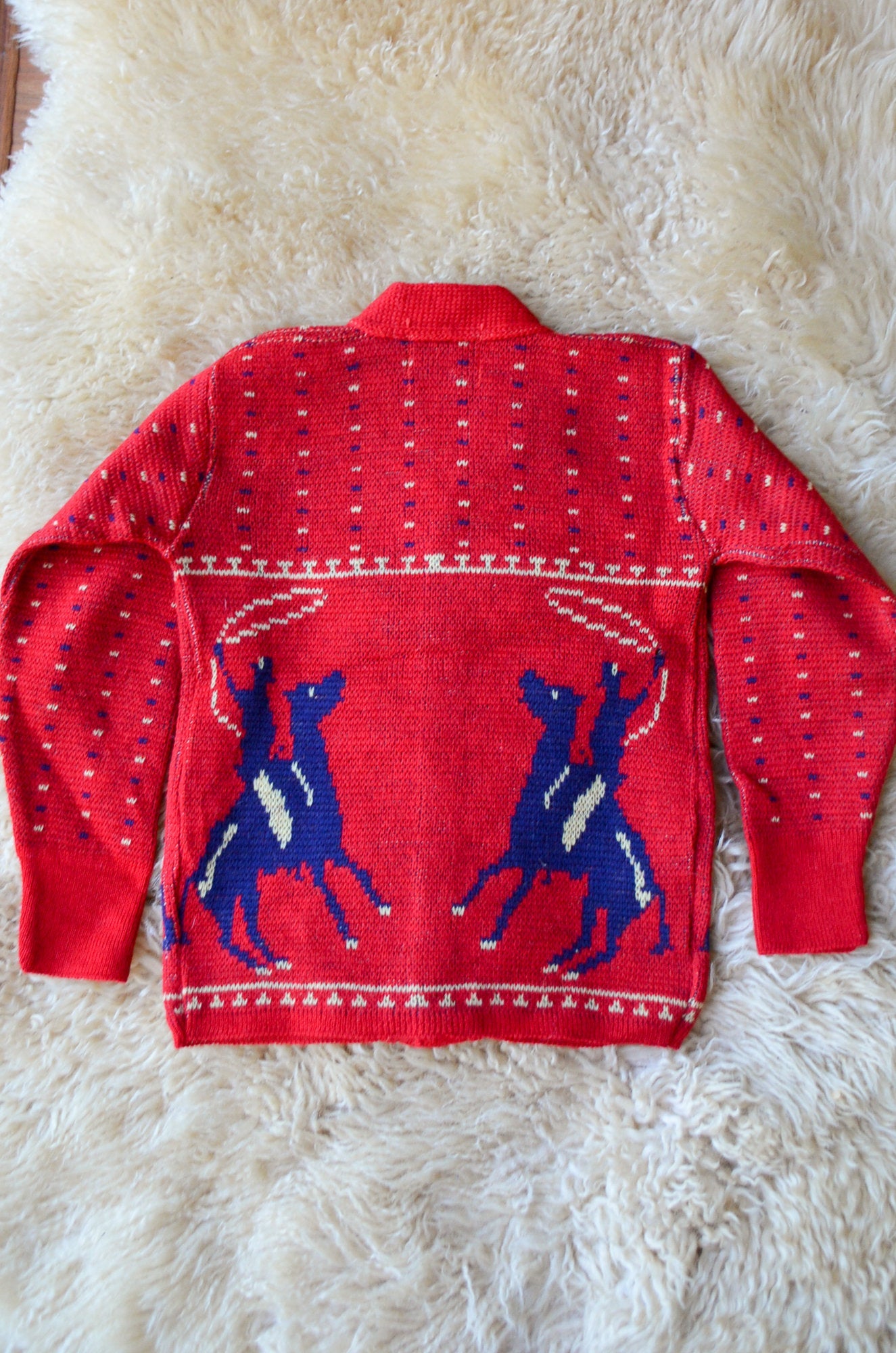 1950s Deadstock Cowboys Sweater Red & Blue Kids Wool Button Down Sweater size 5