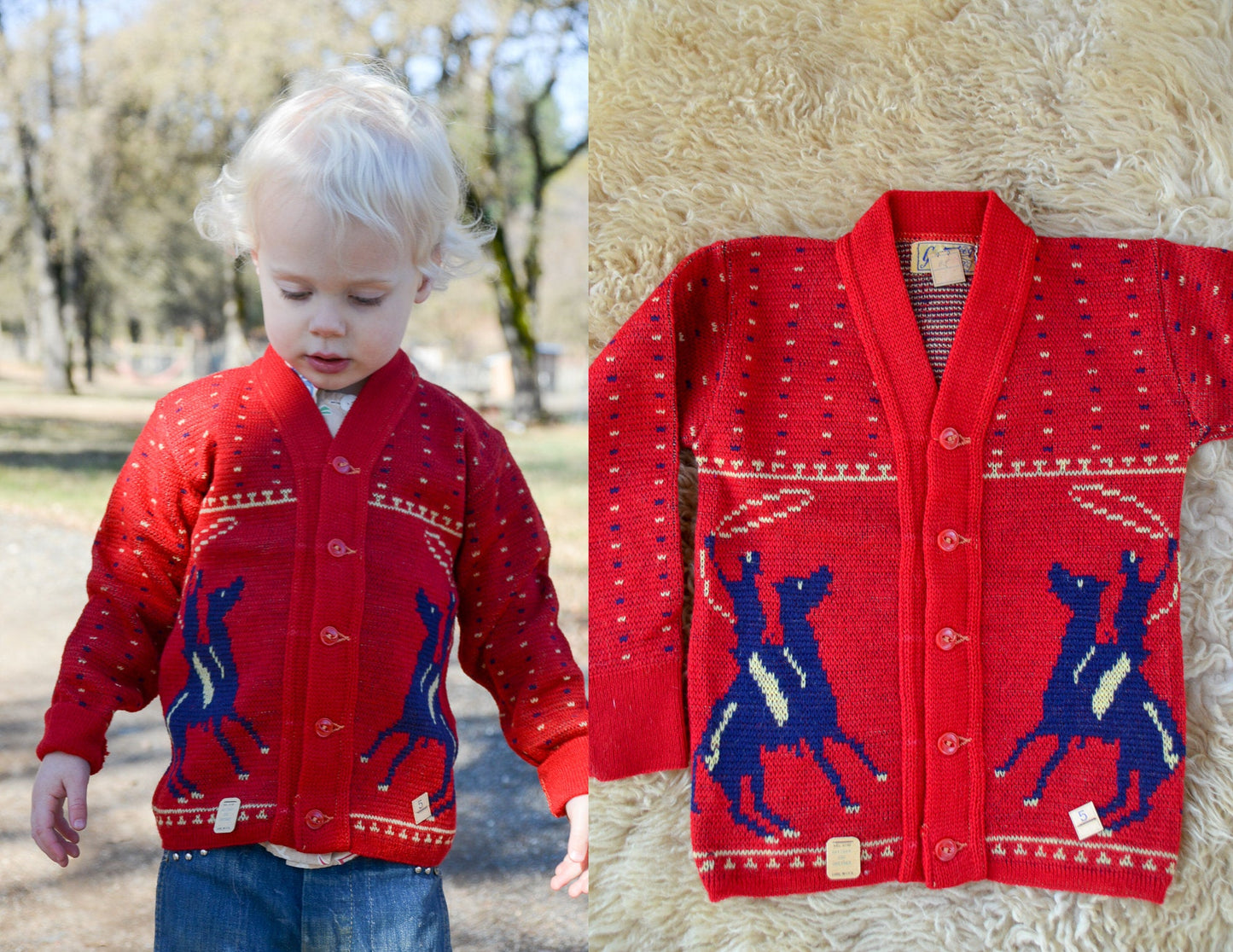 1950s Deadstock Cowboys Sweater Red & Blue Kids Wool Button Down Sweater size 5