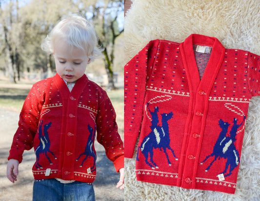 1950s Deadstock Cowboys Sweater Red & Blue Souvenir Kids Wool Button Down Sweater size 5