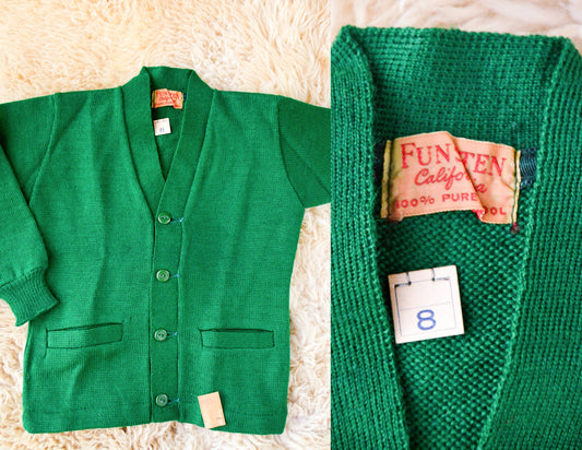 1950s Deadstock Cardigan Sweater Green Wool Knit Kids Sweater size 8