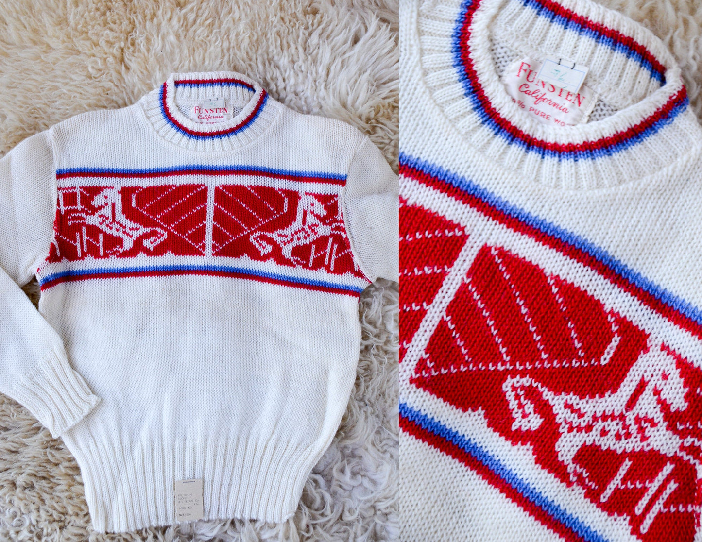 1950s Deadstock Kids Sweater White & Red Cherub Horse Knit Wool Ski Sweater size 6