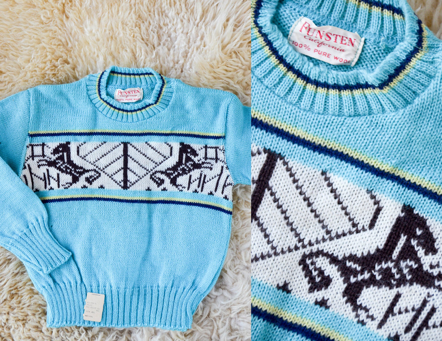 1950s Deadstock Kids Sweater Blue Cherub Horse Knit Wool Ski Sweater