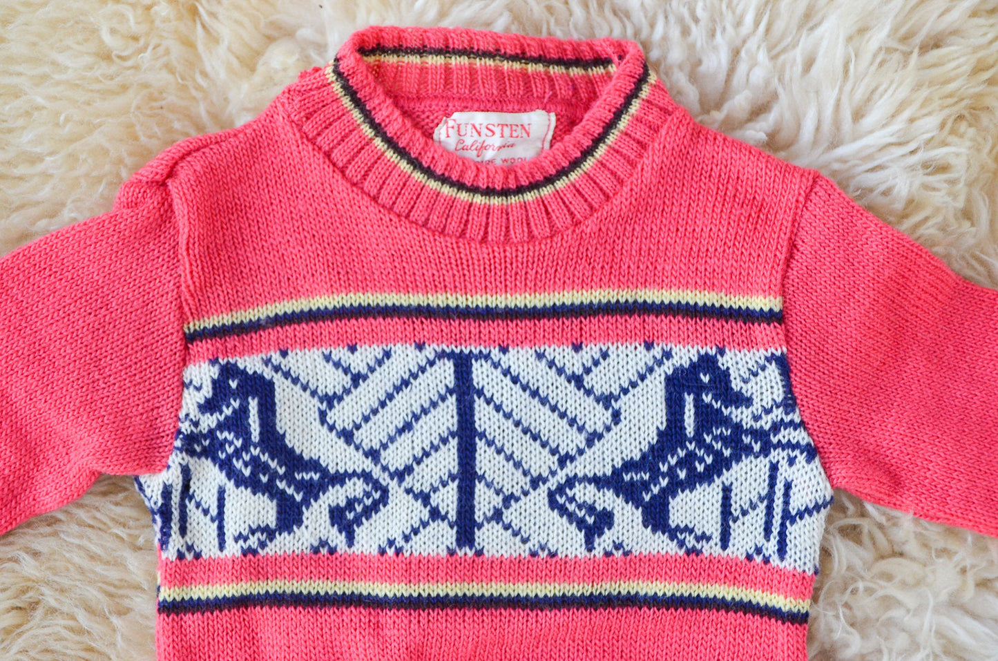 1950s Deadstock Kids Sweater Pink Cherub Horse Knit Wool Ski Sweater 2