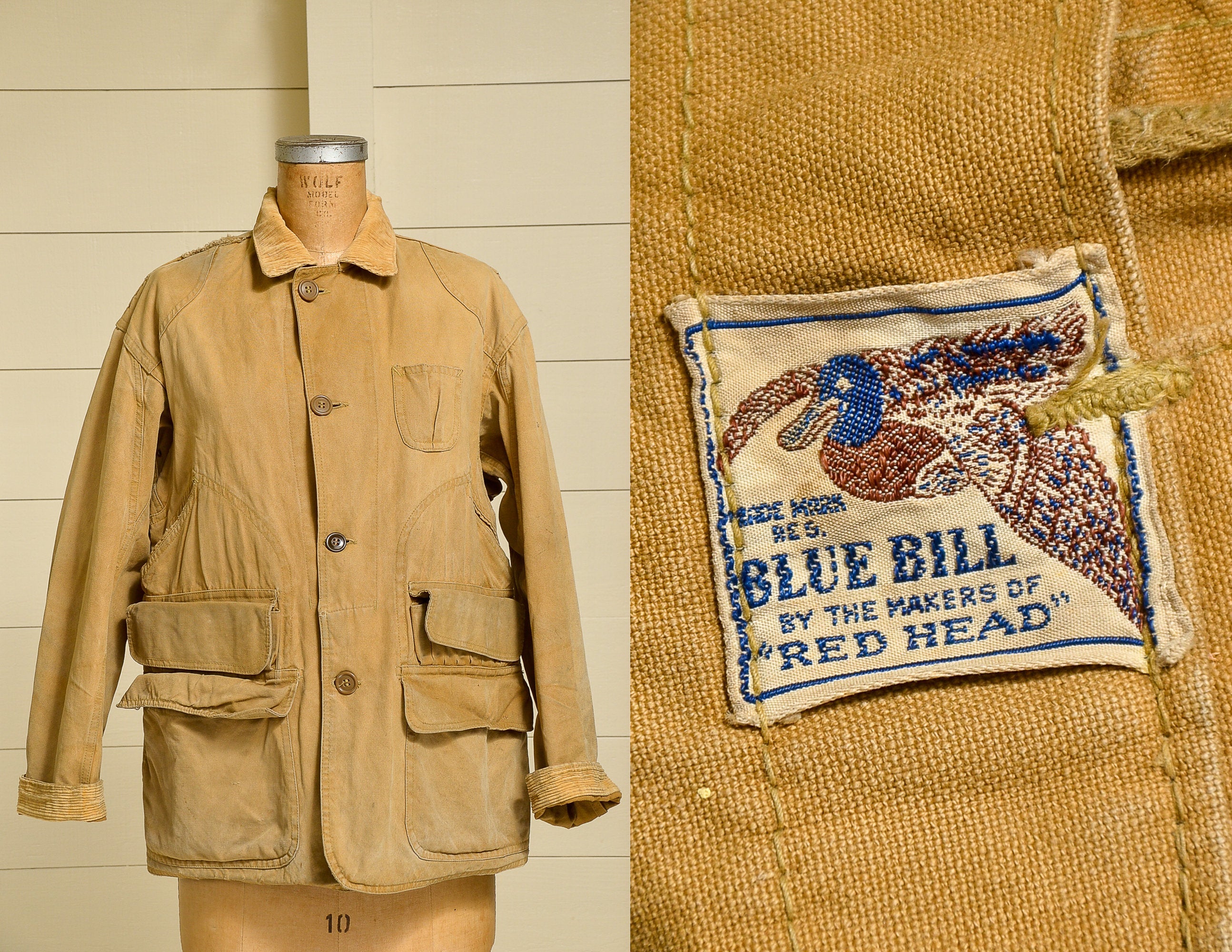 1940s Blue Bill Hunting Jacket Brown Canvas Red Head Outdoor