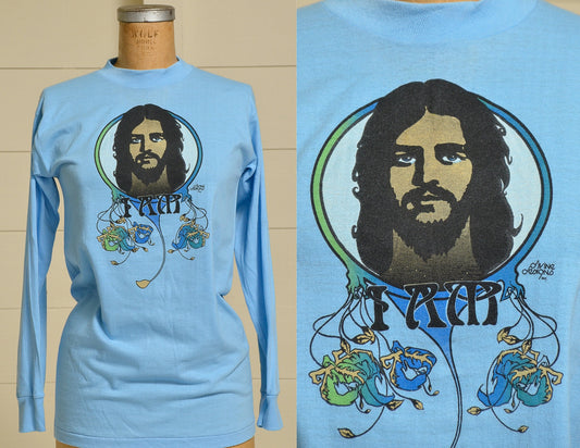 1970s Nouveau Jesus T Shirt Religious 'I Am' Long Sleeve Art Nouveau Style T Shirt