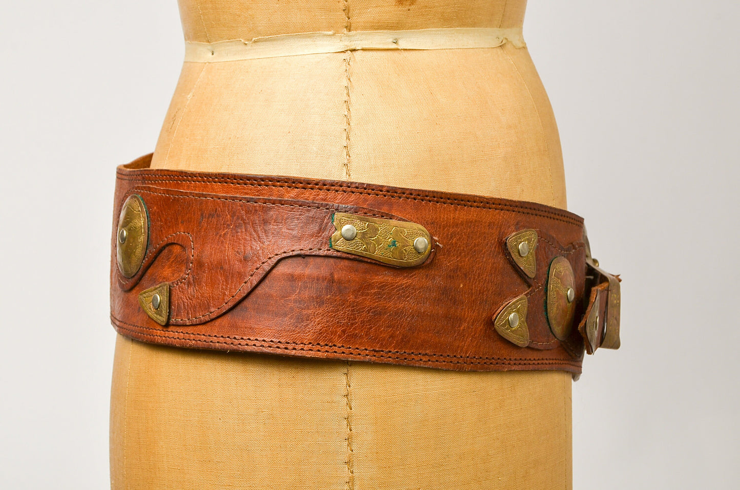 1970s Moroccan Brass and Leather Wide Hippie Belt