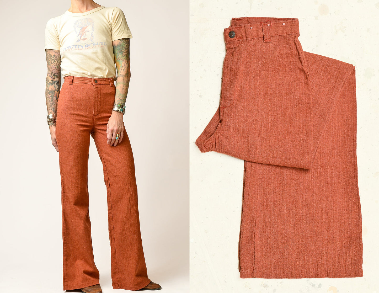 1970s Rust Orange Bell Bottoms High Waisted Knit Flared Trousers 25 x 33