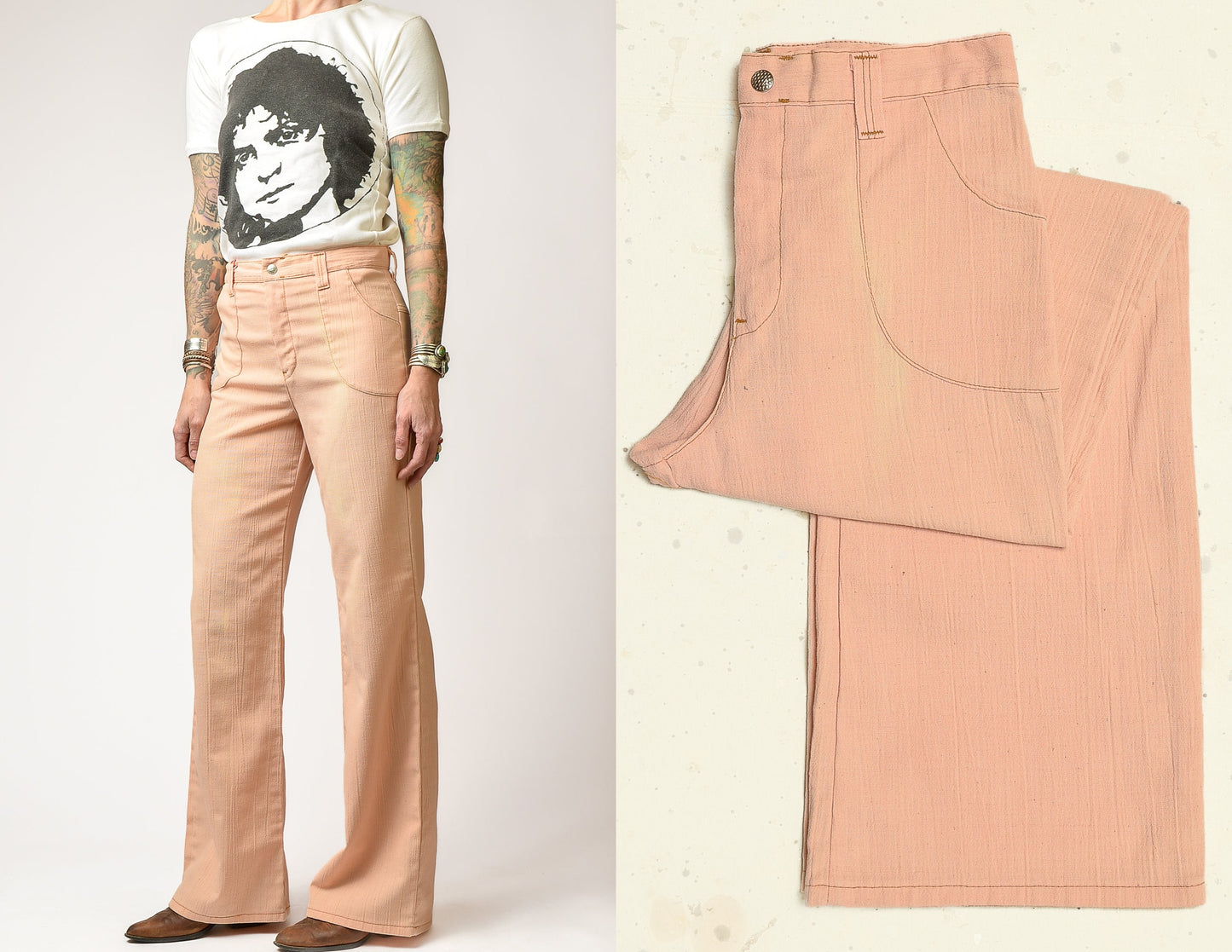 1970s Peach Bell Bottoms High Waisted Cotton Wide Leg Trousers 28 x 31