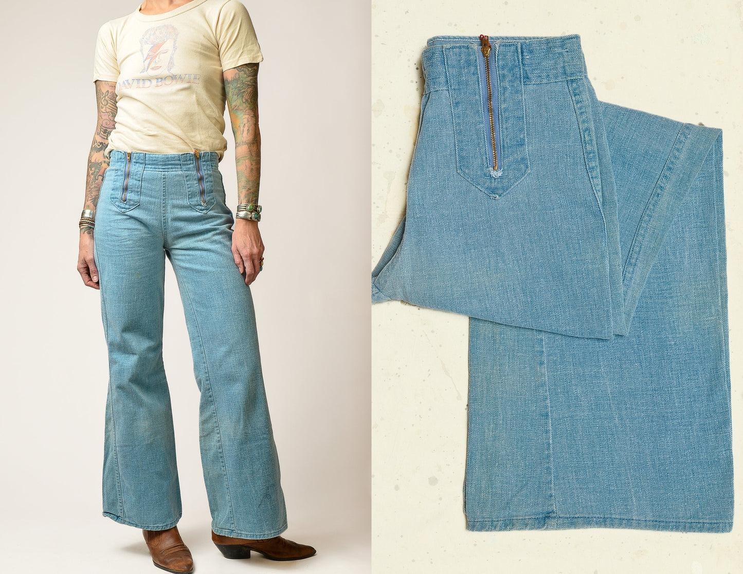 1970s Bell Bottoms Double Zip Sailor Style Wide Leg Jeans 27 x 31