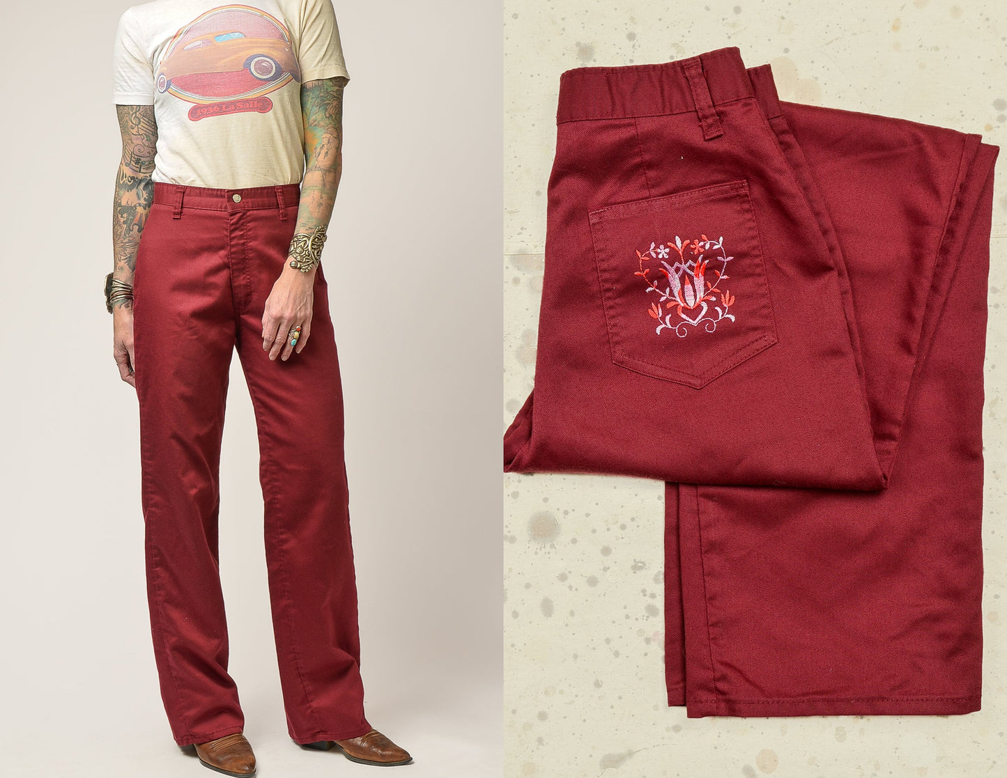 1970s Burgundy Embroidered Pockets High Waisted Flare Jeans 27 x 31