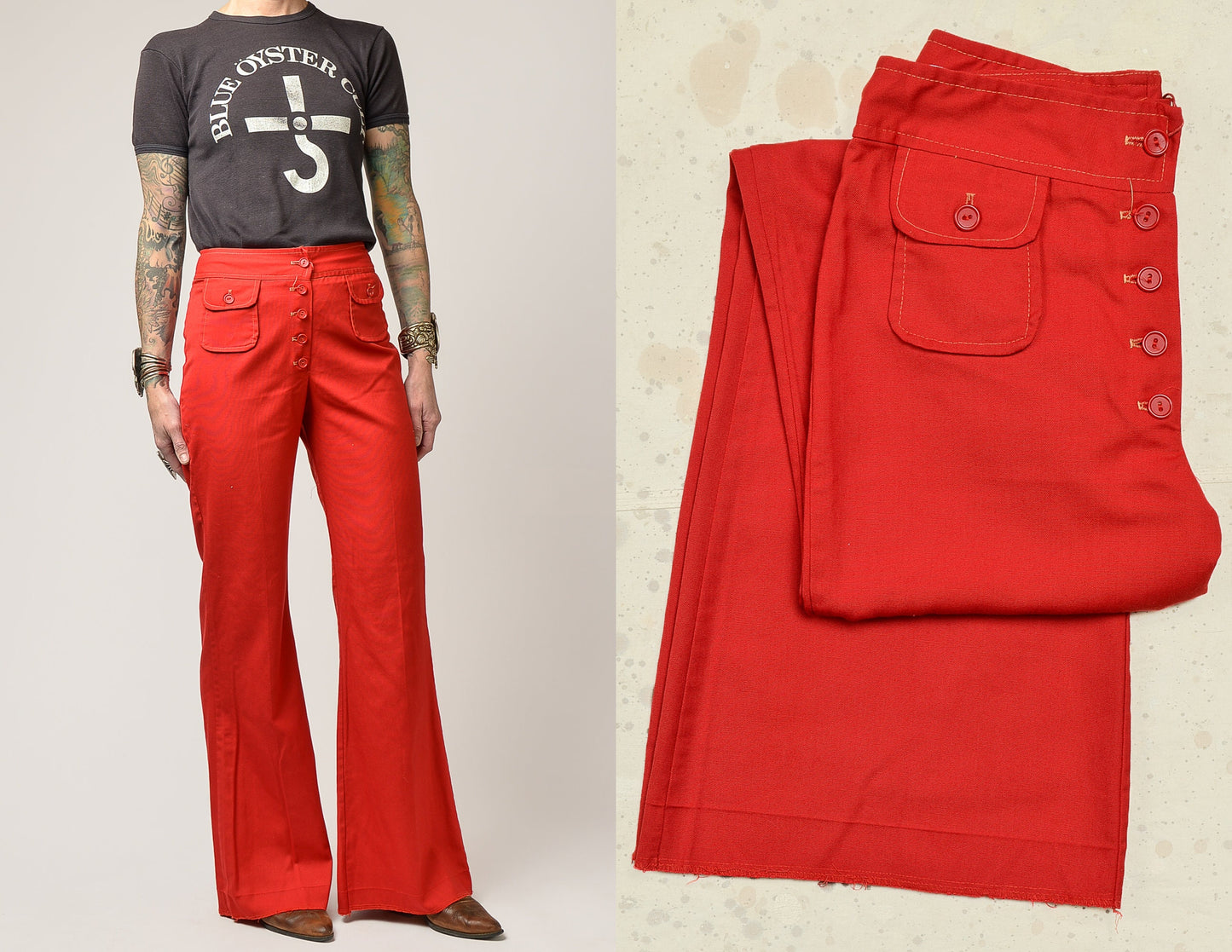 1970s Red Sailor Jeans Hip Hugger Style Bell Bottom Pants 27 x 31