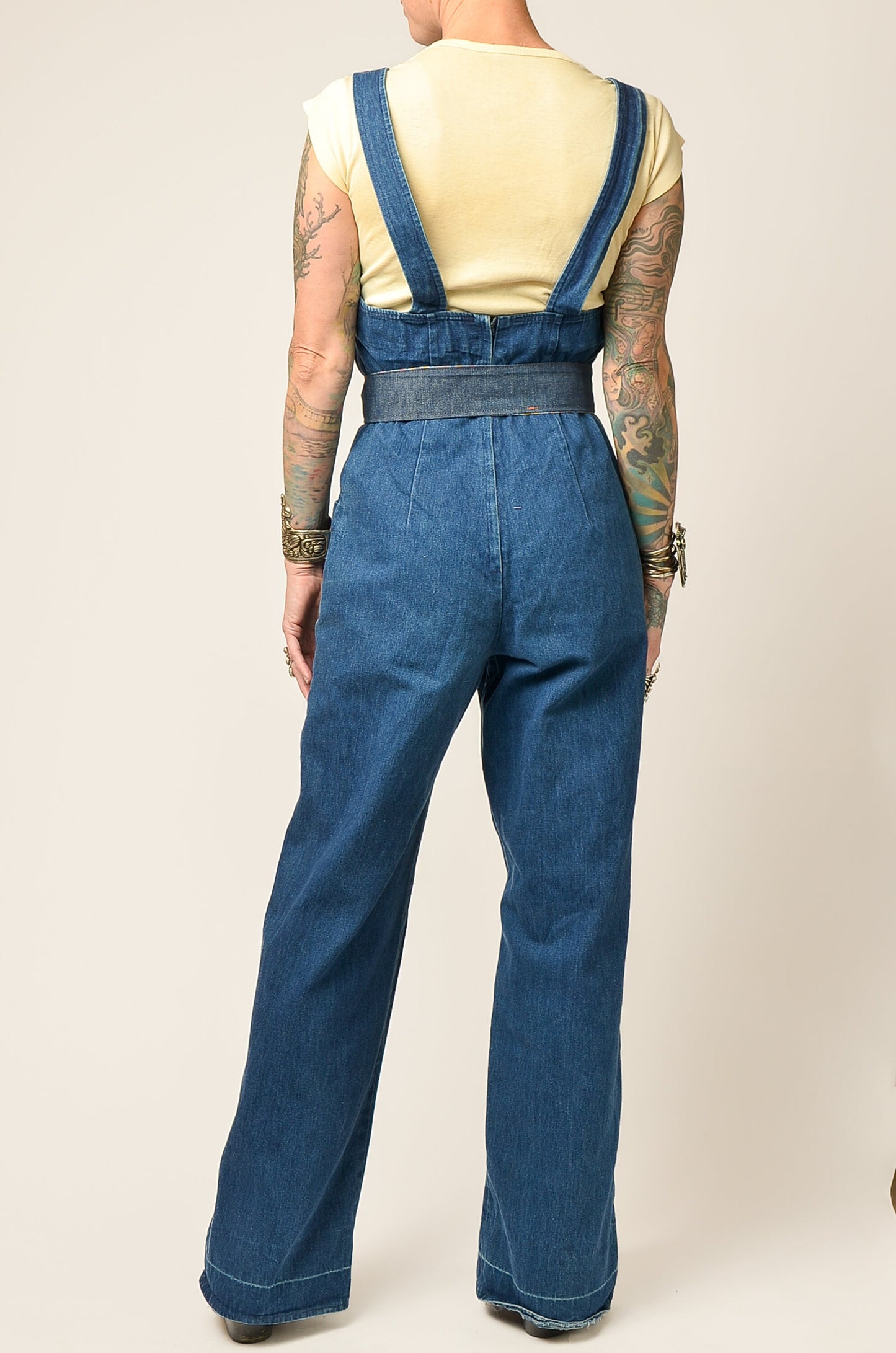 1970s Denim Jumpsuit Denim with Floral Cotton Tie Front Bell Bottom Bohemian Jumpsuit