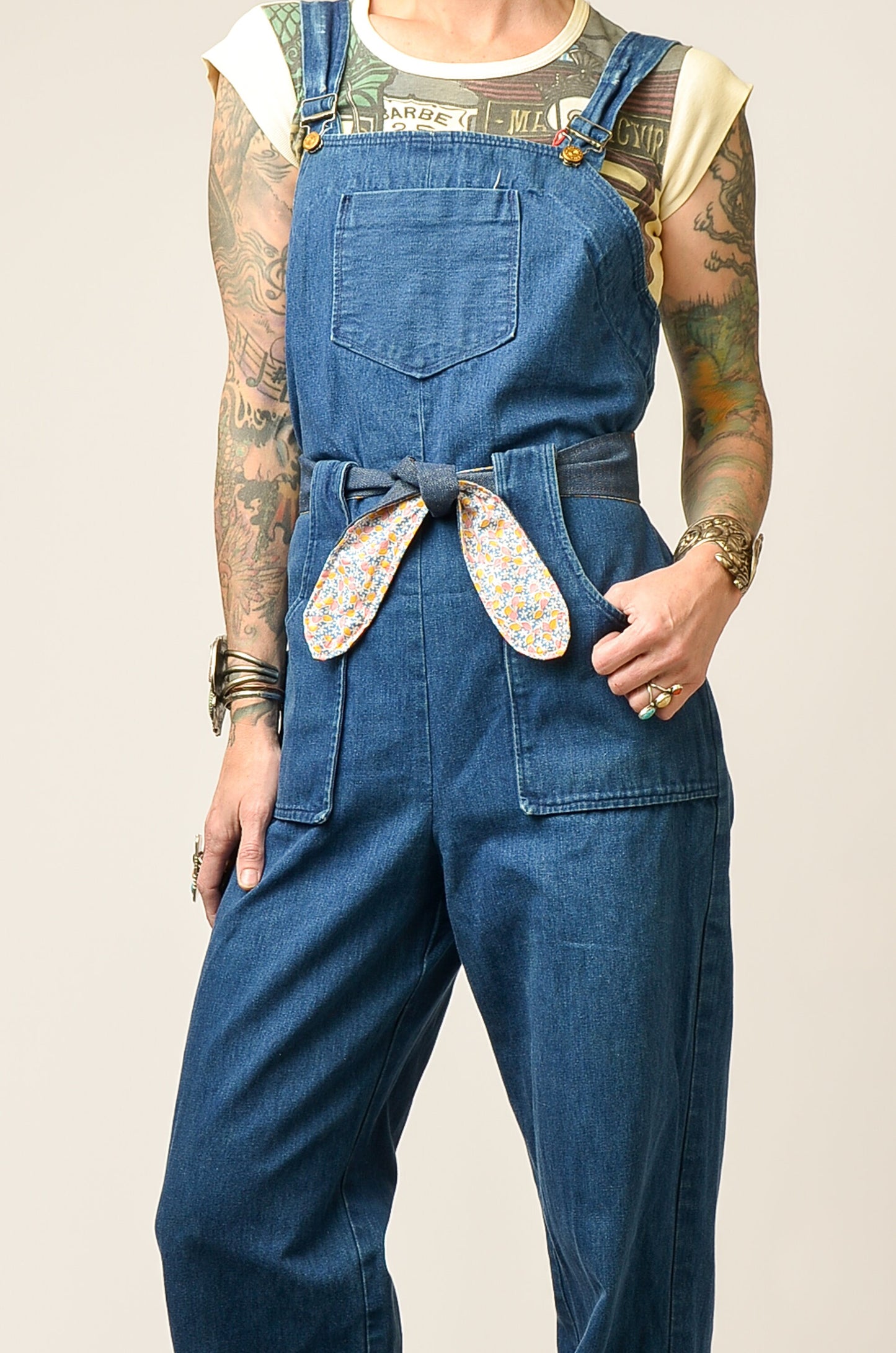 1970s Denim Jumpsuit Denim with Floral Cotton Tie Front Bell Bottom Bohemian Jumpsuit