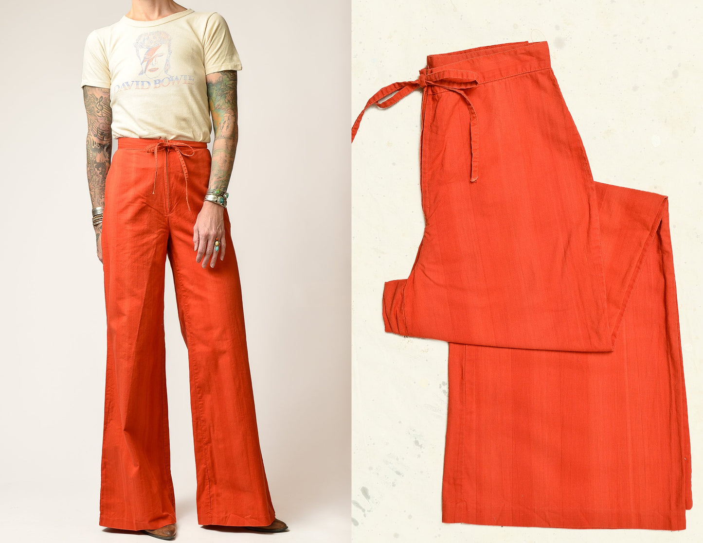 1970s Rust Orange Bell Bottoms High Waist Cotton Flared Trousers 26 x 32