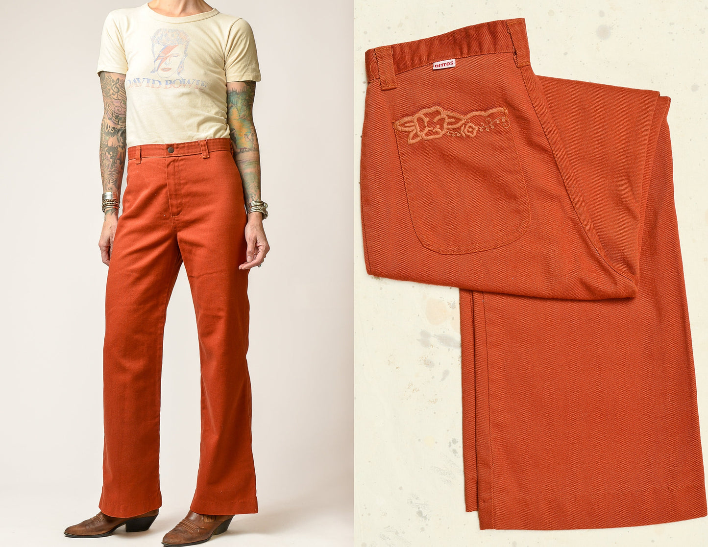 1970s Rust Orange Embroidered Pockets High Waisted Bell Bottoms 28 x 29