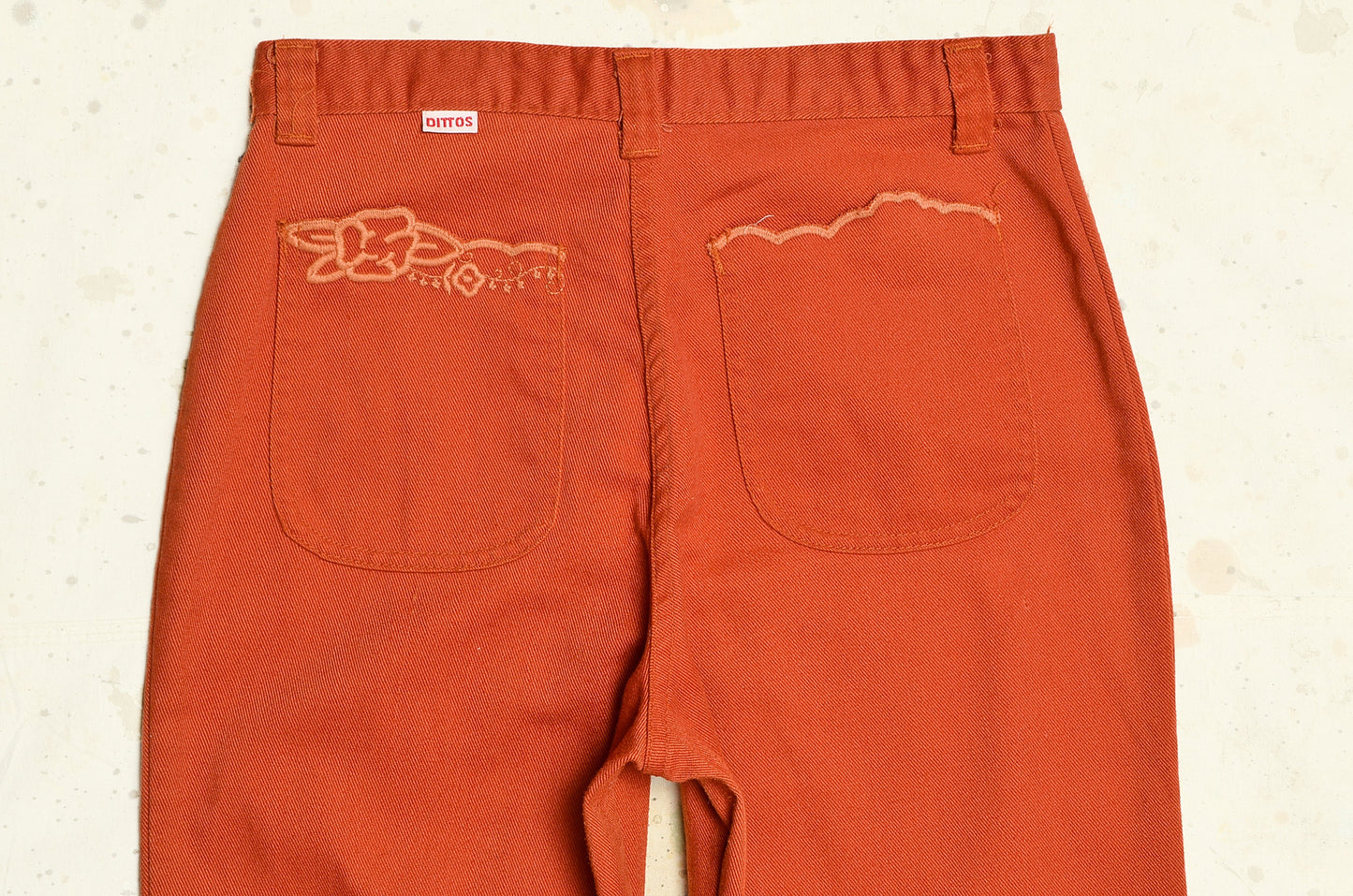 1970s Rust Orange Embroidered Pockets High Waisted Bell Bottoms 28 x 29